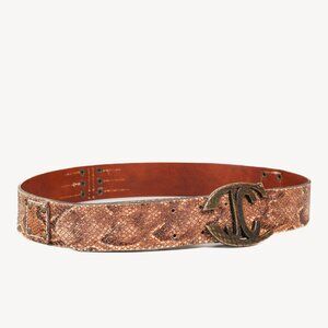 Just Cavalli Brown Snakeskin-Texture Logo-Buckle Belt